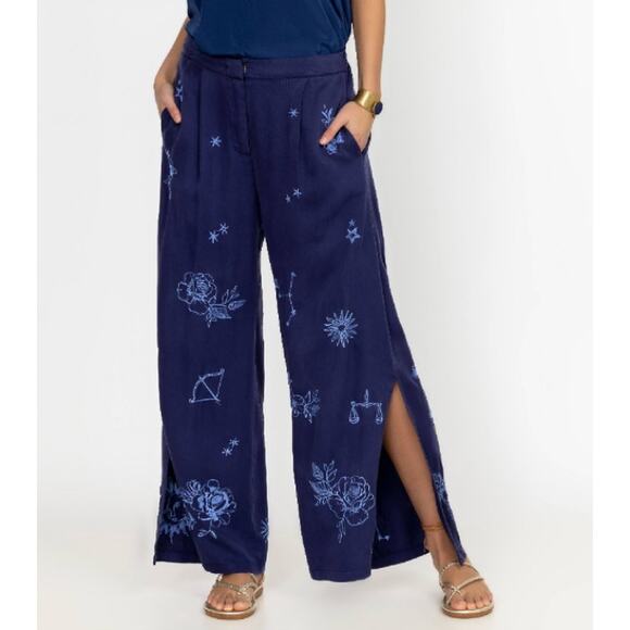 Johnny Was Bijou High Slit Embroidered Pants in Blue Size XL Embroidered Floral - Picture 1 of 10